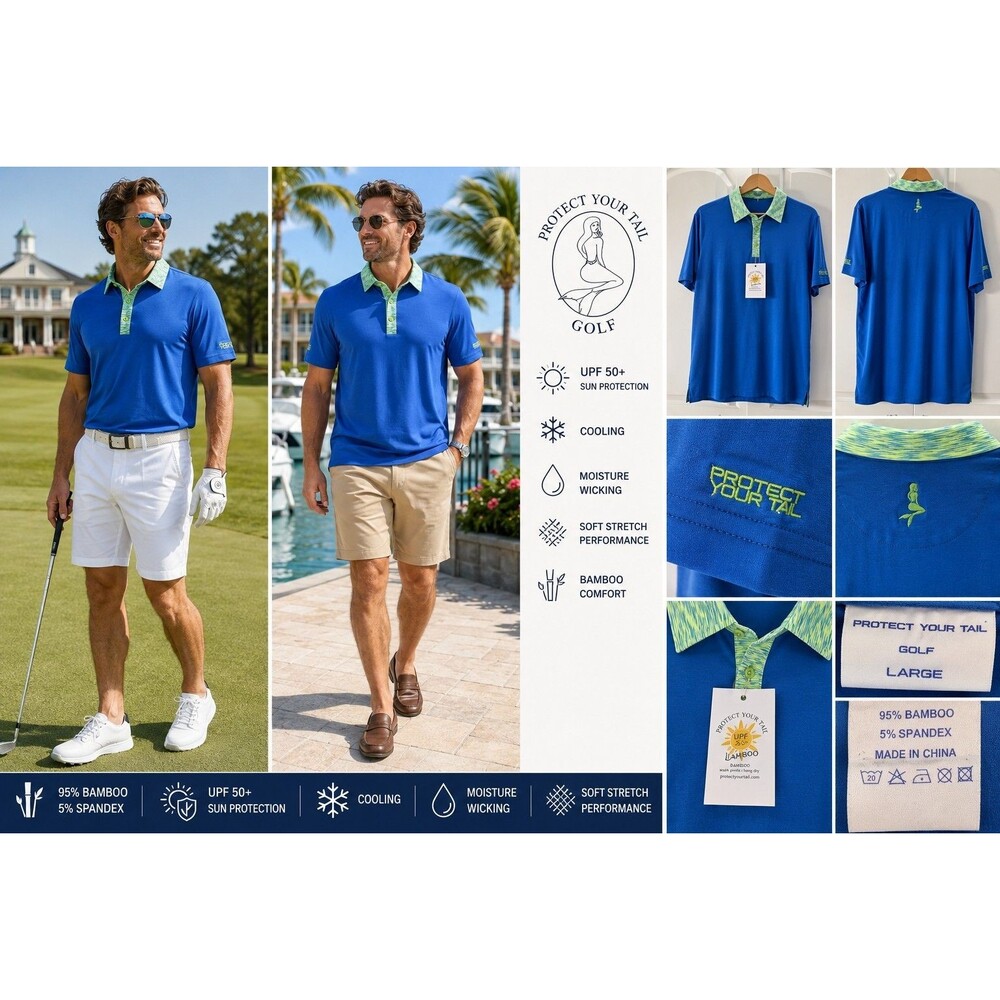 NWT Protect Your Tail Golf Shirt Men L Bamboo UPF 50+ Polo Blue Performance Chic